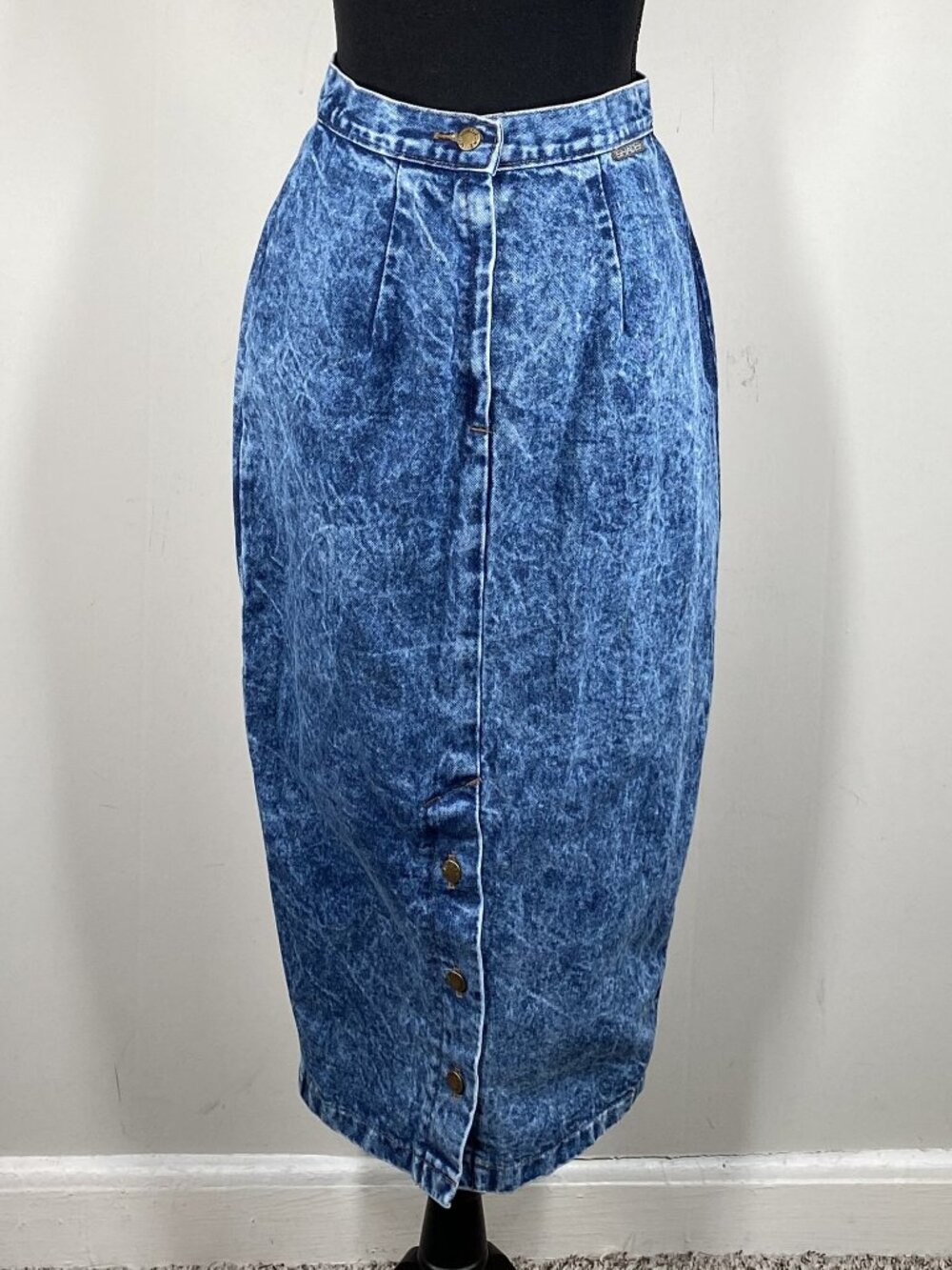 Vintage 80s Shades Midi Denim Skirt Women's 8 Blue Acid Wash Casual USA VTG